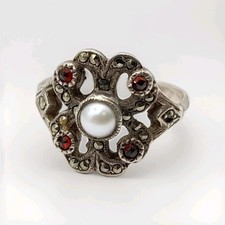Old Antique Art Deco Silver Garnet Marcasite & Pearl Ring - UK SIZE P