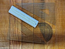 Retro Slide Rule, Protractor and 2 Set Squares