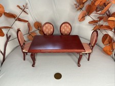 1:12 Scale Mahogany Dining Table & 4 Chairs with Red Upholstery – Dollhouse Set