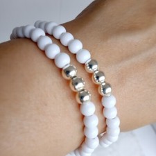 2 White and Silver tone Feature Beads Stacking Stretch Bracelets 6 mm Friendship