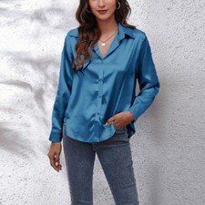 Women's Satin Silk Button-Up Dress Shirt OL Work Ladies V Neck Lapel Blouse Tops
