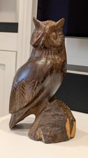 LARGE ANTIQUE VINTAGE CARVED WOOD BLACK FOREST PERCHED OWL. 17.2 CM GREAT DETAIL