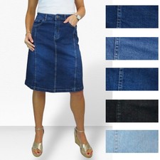 Ladies Stretch Denim A Line Jeans Skirt Knee Length Flared Pannel Skirt 10-22