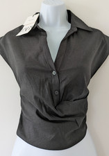 Ladies Zara Black Fitted Cropped Shirt Top Linen with Stretch UK Small BNWT