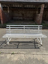 Antique English White Wrought Iron Wood Strap Bench Vintage Country Garden Bench