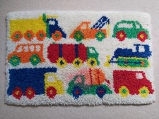 Vintage latch hook wool rug lorry & cars design childs bedroom