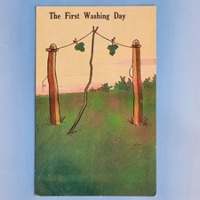 Comic Postcard C1920 First Washing Day Adam Eve Fig Leaves Line Pegs Prop