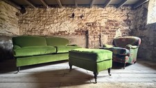 Lounging Around ‘Woodsmoor’  Green Velvet Sofa, Footstool & Kilim Armchair