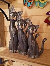 Set Of Three Fair Trade Wooden Hand Carved Grey Cats - 30cm, 25cm, 20cm