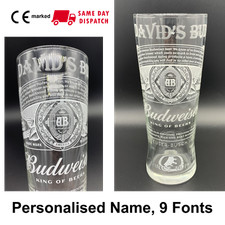Personalised Budweiser Beer 1 Pint Glass New 20oz Nucleated Engraved Gift Box