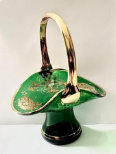 Murano Vintage Art Glass Basket, Green and Gold Flower pattern 