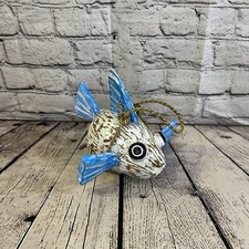 Blue White Folk Art Hand Painted Puffer Fish Coconut Shell Ornaments Hanging