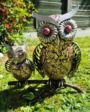 Metal Owl Garden Ornament Pair