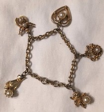 Vintage Jewelcraft Chunky Charm Bracelet ~ Gold Tone ~ Hand Heart Cherub Spider