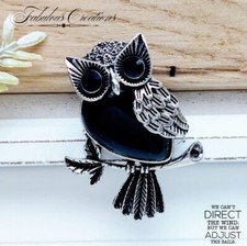 Gothic Pendant Black Gem Owl Bird Brooch Vintage Silver tone Broach Pin Gift