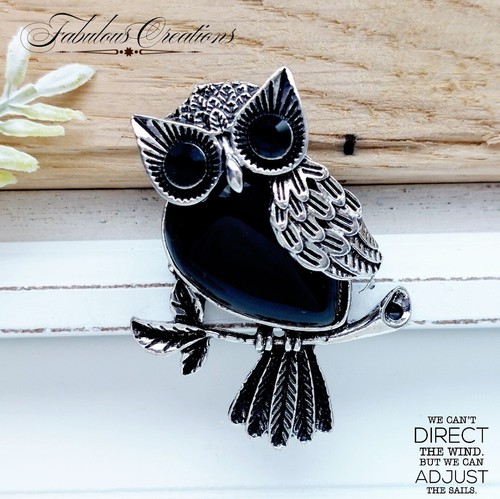 Gothic owl brooch black gem - owl,