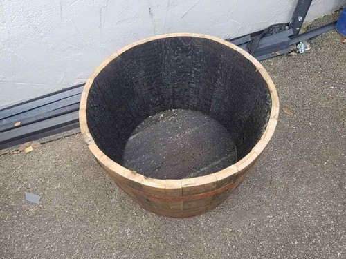 Burnt wood half whiskey barrel - wood,