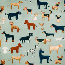 Canvas Fabric - Woof Dog Print on Duck Egg Blue Background Craft Material