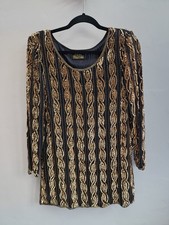 Gina Bacconi Tunic Top Flapper Disco  Sequin Beads Black Gold Silk Size Uk 12