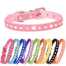 Dog Collar Suede Leather 1 Row Rhinestones Pet Crystals Diamante Bling Diamonds