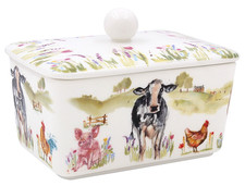 China Ceramic Butter Keeper Dish With Lid Chicken Pig Cow Horse Farmyard Design