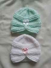 New 2 Premature baby girl hand knitted hats  White & Mint + bows Turban Style