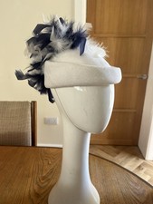VINTAGE WHITE NAVY PILLBOX HAT WEDDING ATTIRE RACES FEATHERS MOTHER OF THE BRIDE