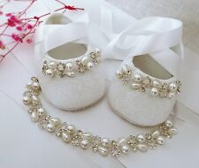 Off White Baptism, Christening Shoes, Rhinestones and Pearls, Tiara Headband