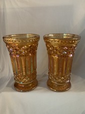 Vintage Carnival Glass Vases – Amber Iridescent – Pair