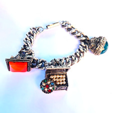 Vintage 1970s Charm Bracelet with Treasure Chest and Fob Charms Silver Tone