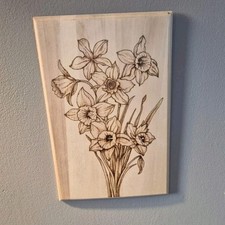 Daffodils Wooden Plaque Wood Burnt By Hand Pyrography