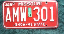 AMW-301 MISSOURI Dated 1984, American Licence Plate 12"x6"
