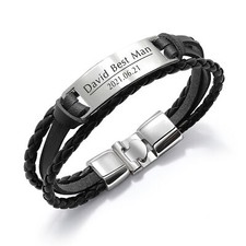 Personalised Men's Leather Bracelet Braided Wristband Best Man Groomsman Gift