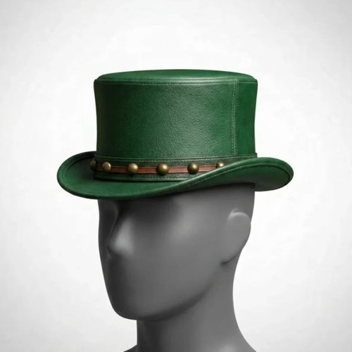 Green leather top hat studded - green,