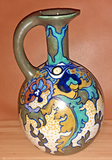 Art Deco Gouda Studio Pottery Holland Small Handled Jug Vase Blue Green Damaged