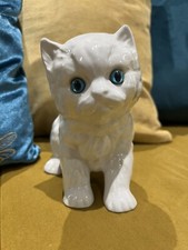 Gorgeous White Ceramic Persian Kitten With Blue Glass Eyes 16cm tall. Perf Cond.
