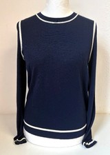 JAEGER 100% Wool Navy Blue Round Neck Cream Piping Pullover Jumper Large CG W34