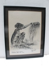 Vintage Original Charcoal Drawing  Australian  Aboriginal Woman Winnowing Signed