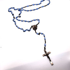 Italian rosary cross necklace silver tone metal 94cm blue glass bead and script