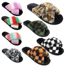 Girls Cross Over Slippers Kid Fur Lined Furry Fluffy Sliders Peep Toe Mules Size