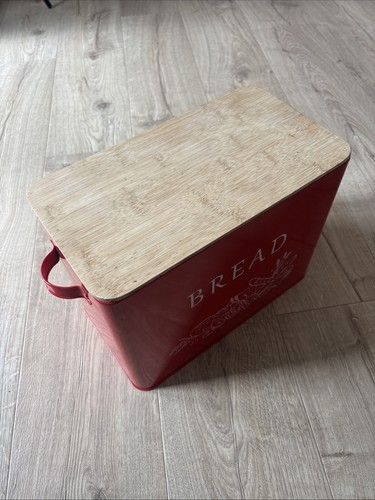 Red metal bread bin with - metal,