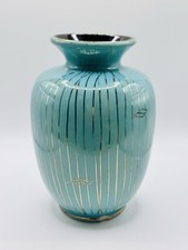 Vtg Carstens W Germany Pottery Vase Teal & Gold