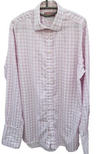 Thomas Pink Men Dress Shirt Pink Plaid 15 1/2 Long Sleeve Cotton French Cuff