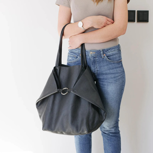 Large black leather tote - black, bag