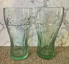 Set of 2 Vintage Coca Cola Green Tint Raised Logo Collectible Coke Glasses