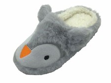 Girls Slippers Penguin Mule Kid Grey Style Soft Sole Plush Trim Size 12-5 Junior