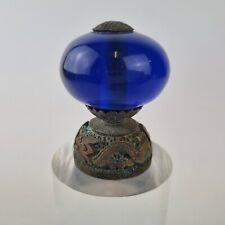 Antique Chinese Mandarin Blue Glass & Gilt Metal Hat Rank Button Signed Dragon