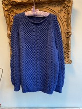 Vintage Wool Hand Knitted Fisherman’s Chunky Aran Sweater Blue Unisex. M Or L