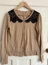 Oasis Beige Cardigan with Black Lace Collar Size M (UK 12) Cute Vintage Style
