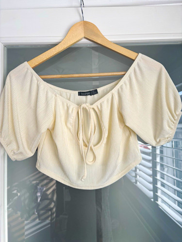 Boohoo cream ribbed tie front - ribbed,